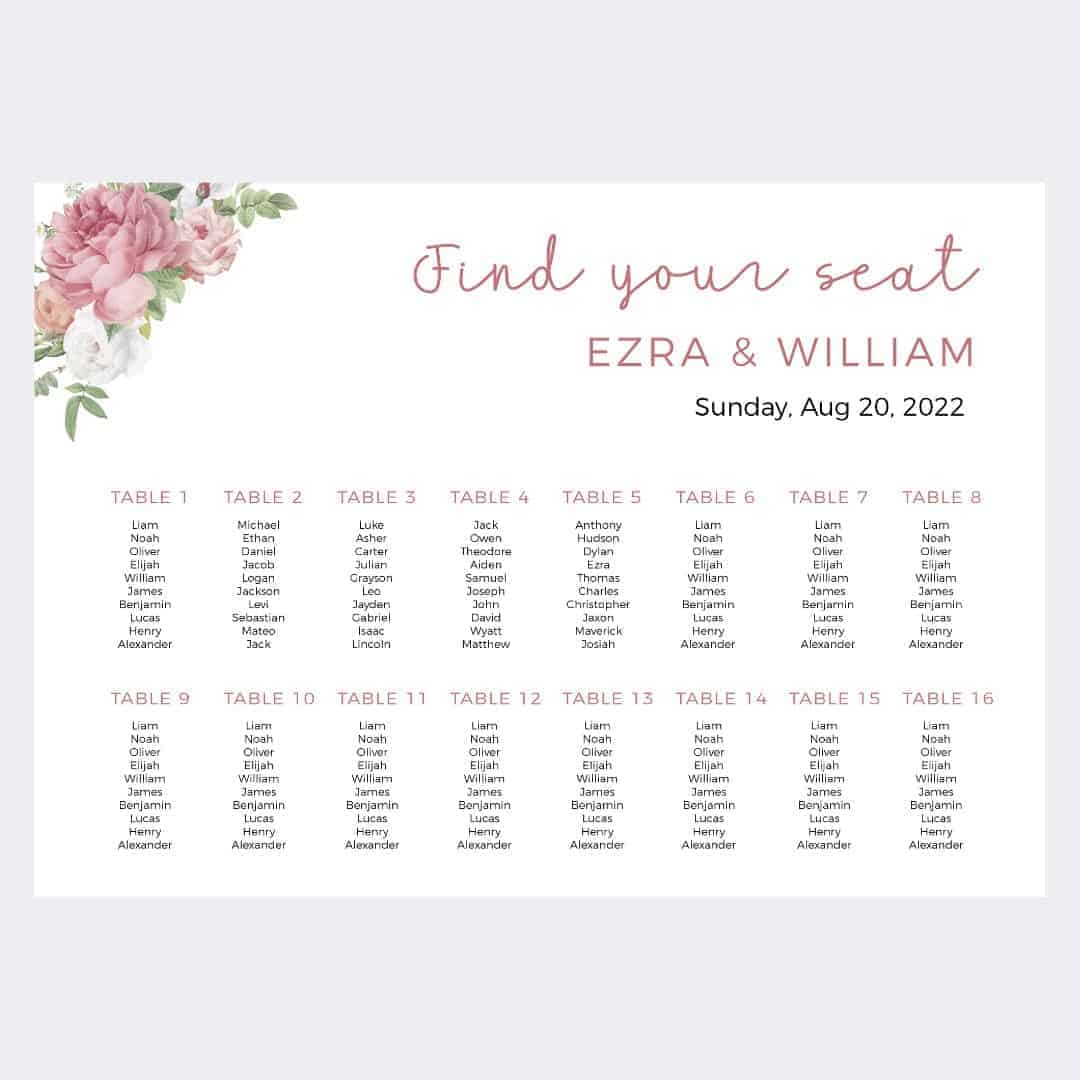 "Floral Rose Seating Charts Design "