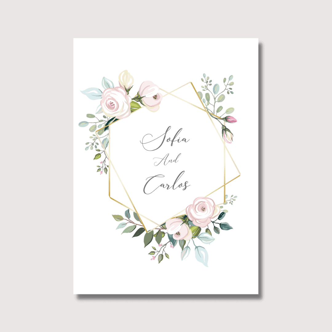 تصميم بطاقة دعوة لحفلات الزواج بإطار هندسي بنقشة زهور